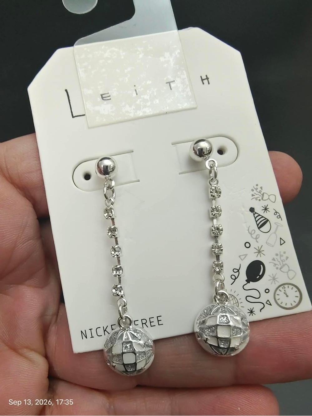 New Leith Silver Drop Earrings with Rhinestone Chain and Disco Ball Charms